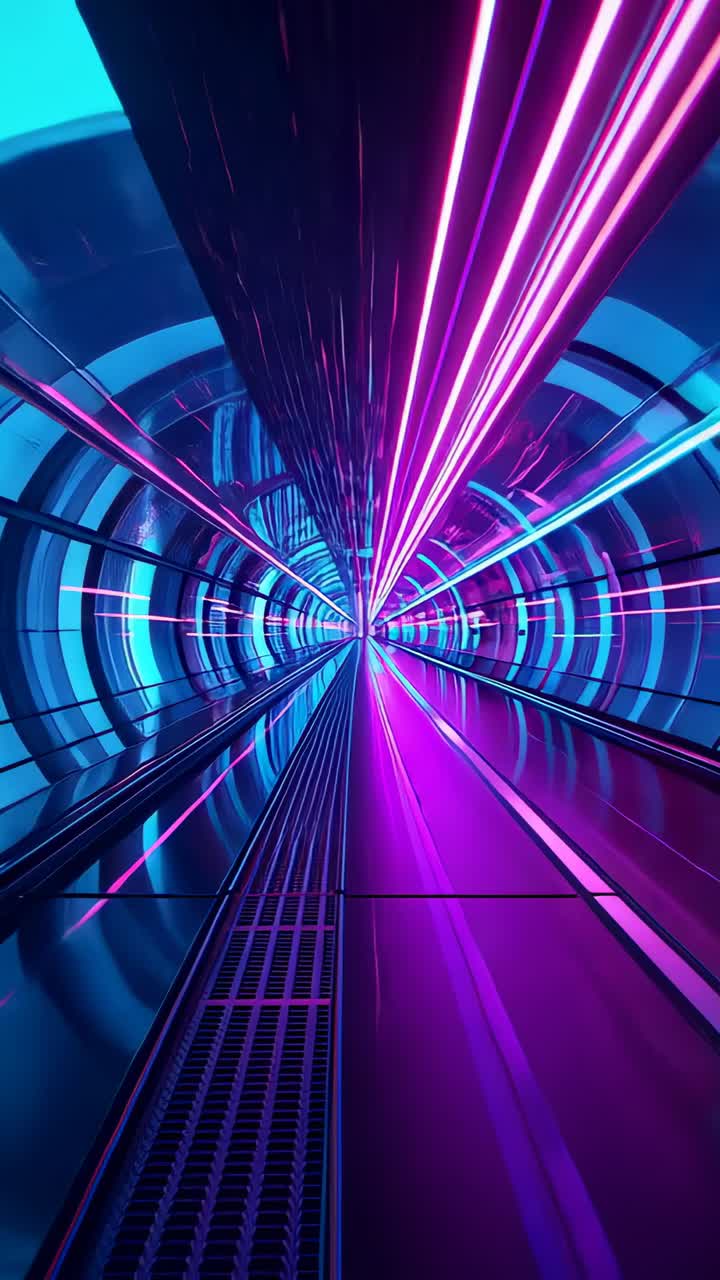Vertical video: Camera gliding through neon-lit tunnel on moving walkway, streaking neon tubes