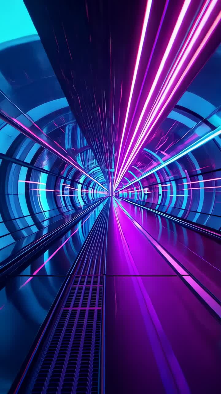 Video verticale: la telecamera scivola attraverso un tunnel illuminato al neon su un marciapiede mobile, tubi al neon striati