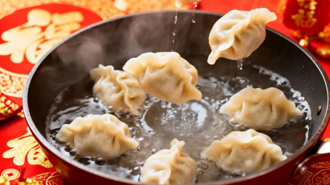 Lifting utensil hoisting dumpling from boiling red-handled pan at festive table, checking doneness
