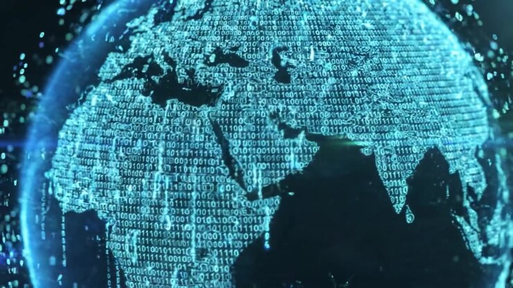 Una straordinaria visualizzazione digitale della Terra che illustra la connettività globale attraverso codice binario e modelli di dati, evidenziando l'impatto tecnologico sul nostro pianeta.