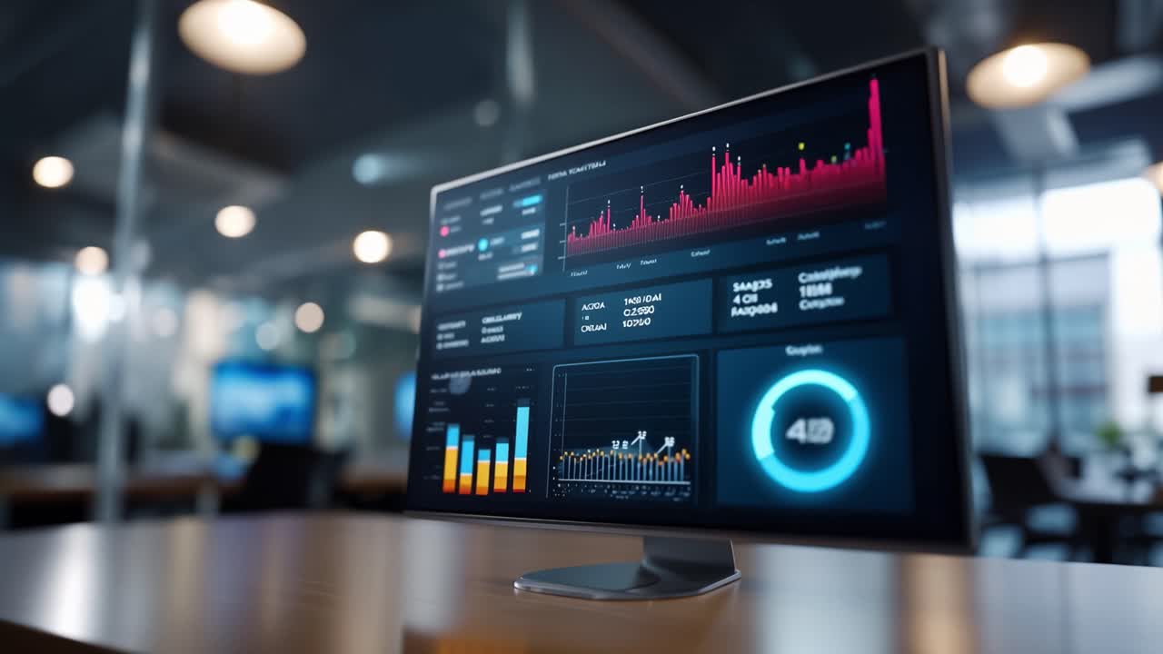 Dynamic Data Analysis: A Modern Desk Setup Showcasing Visualized Metrics and Charts on a High-Resolution Monitor in a Contemporary Office Environment