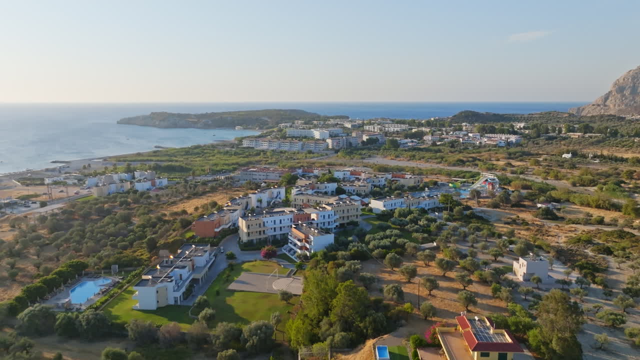 Aerial view approaching the Kolymbia village, sunny morning in Rhodes