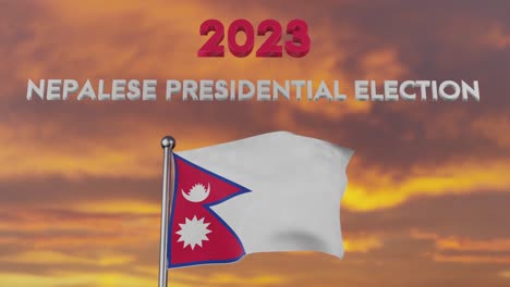 Texto-De-Las-Elecciones-Presidenciales-Nepalesas-De-2023-Con-La-Bandera-Nepalesa-Ondeando-Al-Atardecer