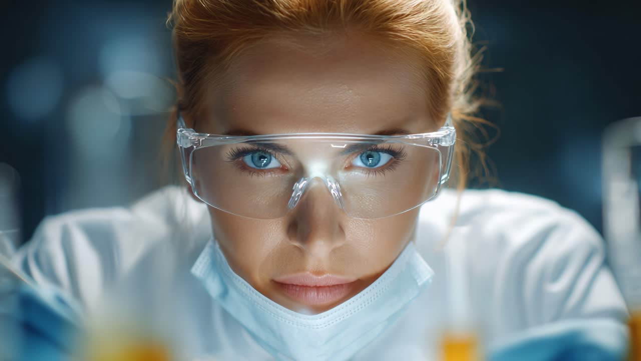 Focused Scientist in Laboratory: A Close-up View of a Female Researcher Analyzing Samples under Bright Lights, Demonstrating Precision and Dedication in Her Work