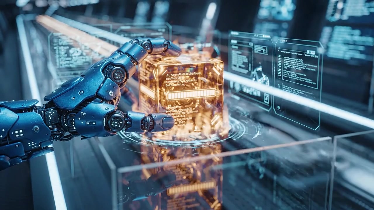 Advanced robotic hand interacts with a glowing cube in a futuristic environment, showcasing technology's capabilities and intricate design in a high-tech setting.