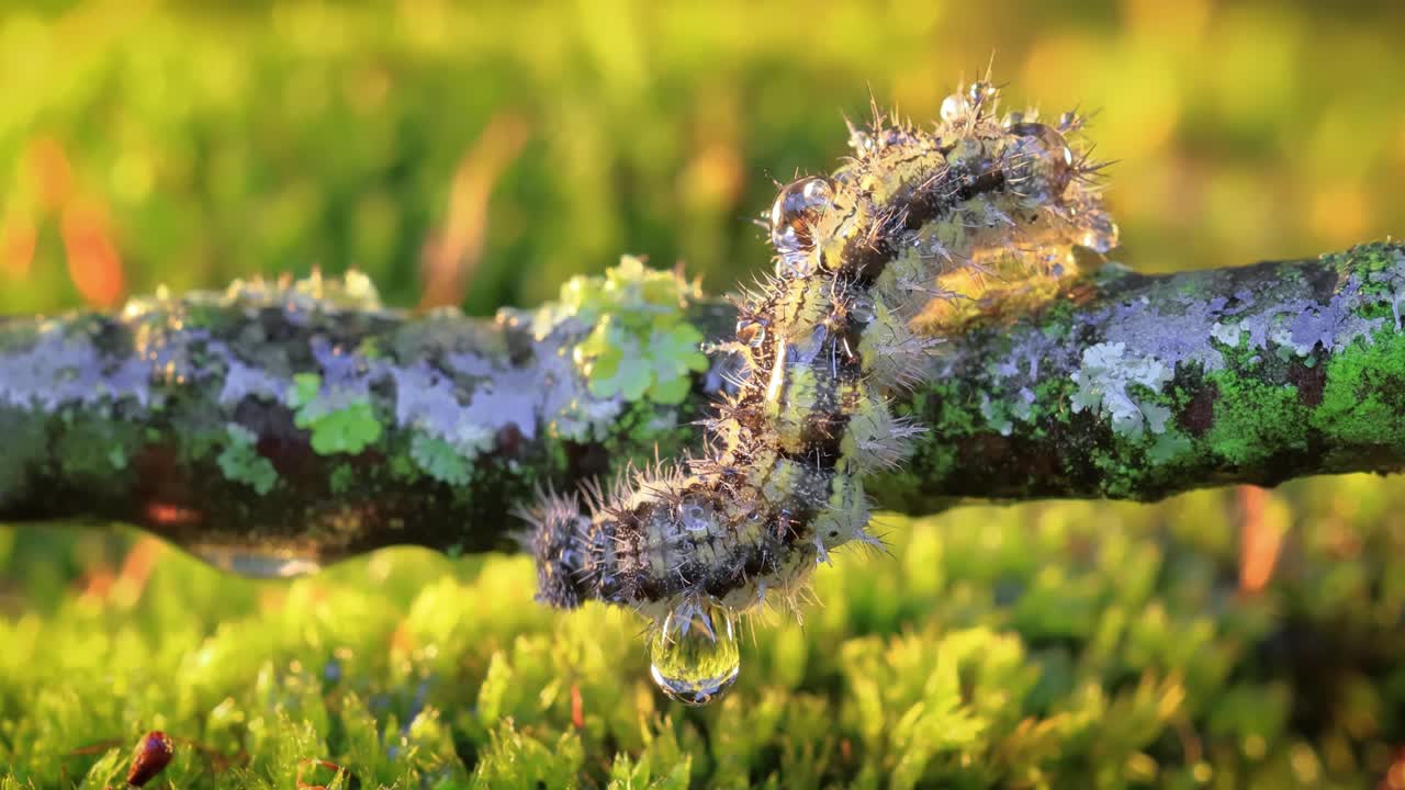 작은 거북이  ⁇ 데기 (aglais urticae) 애벌레. 어르티카리아 애벌레는 해가 지는 빛에 기어다닌다.