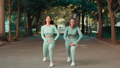 fitness, nature and women stretching their legs