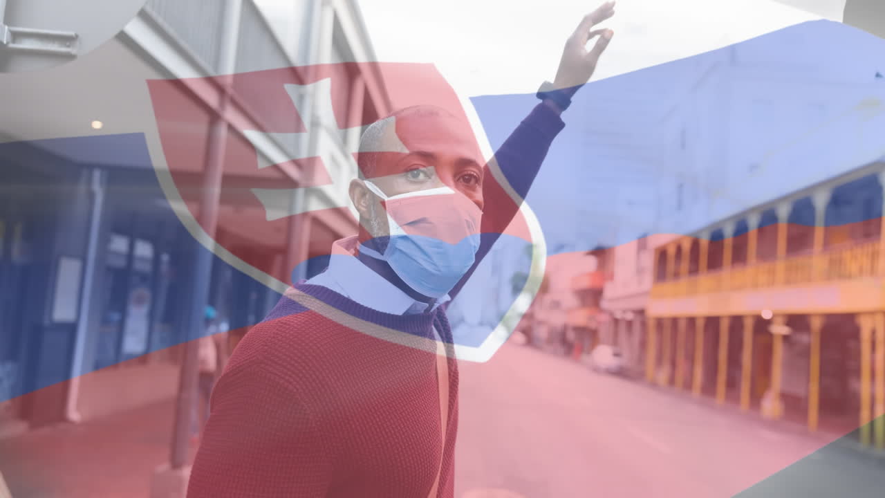 슬로바키아  ⁇ 발이 택시를 호출하는 얼굴 마스크를 쓴 남자를 향해 흔들리고 있습니다.