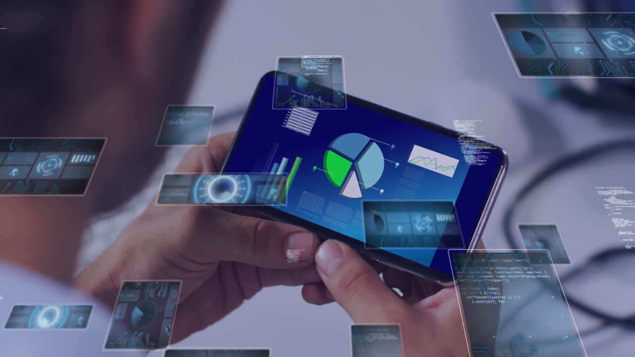 animación de escáneres de escaneo y procesamiento de datos sobre el hombre usando teléfono inteligente.