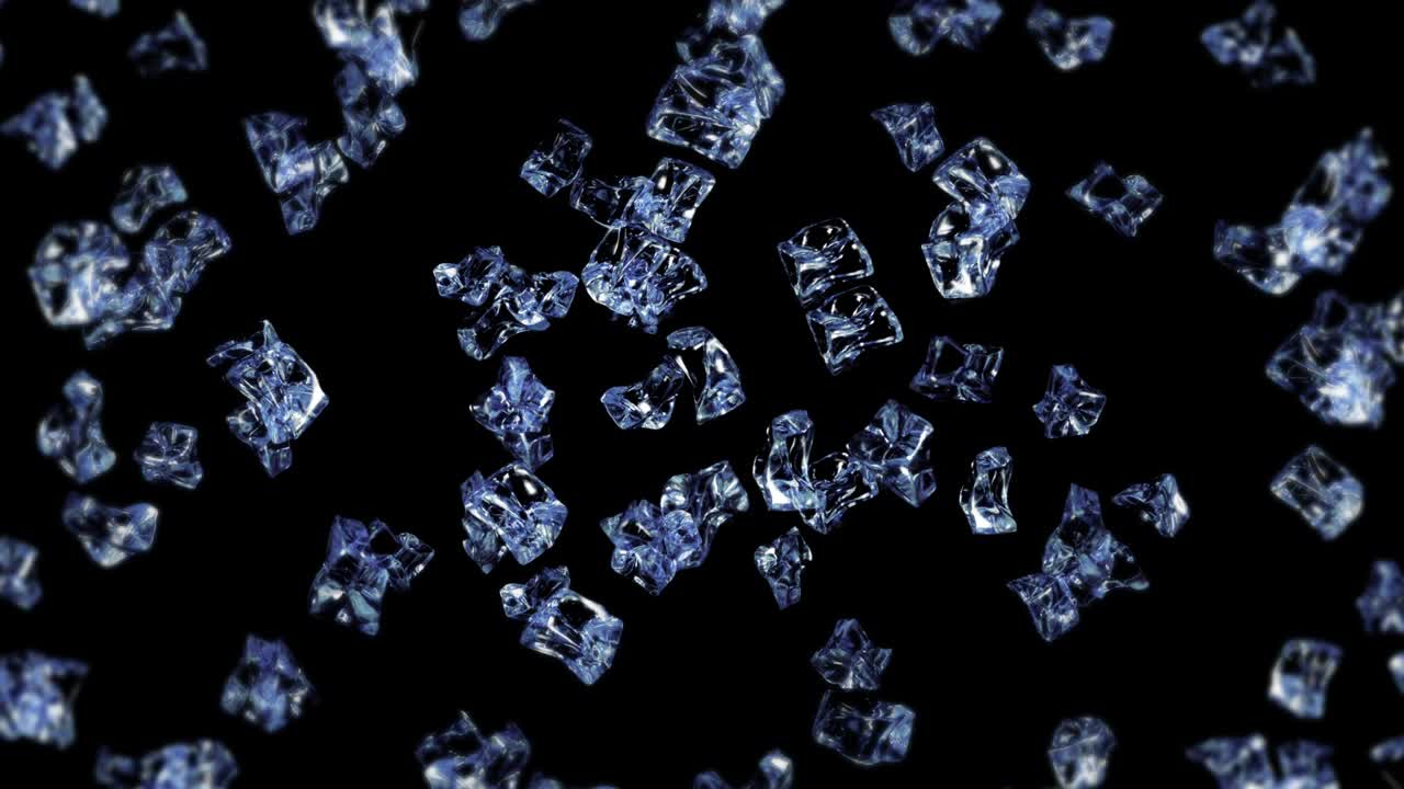 Flying many clean ice cubes on black background. Pieces of crushed ice, Natural water. 3D animation of crushed ice rotating. Loop animation.