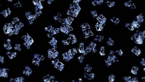 flying many clean ice cubes on black background. pieces of crushed ice, natural water. 3d animation of crushed ice rotating. loop animation.