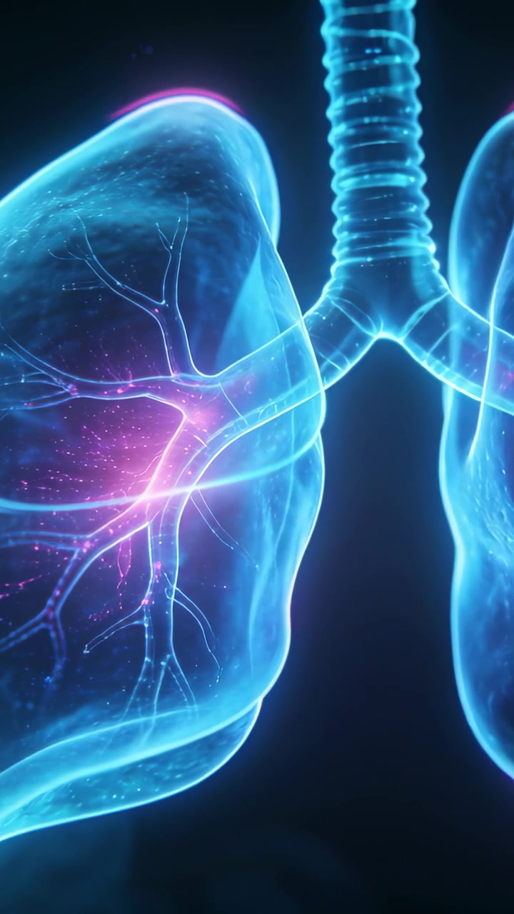 Video verticale: Bagliore magenta pulsante che mostra i polmoni, zoomando indietro per evidenziare le vie aeree in una vista medica