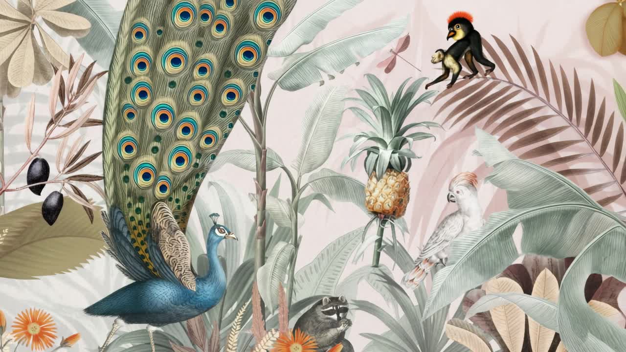 Vista aerea di un'illustrazione vibrante di giungla tropicale con animali e piante esotici, perfetto