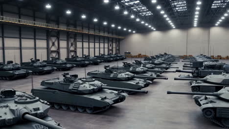 large number of military tanks stored in a warehouse