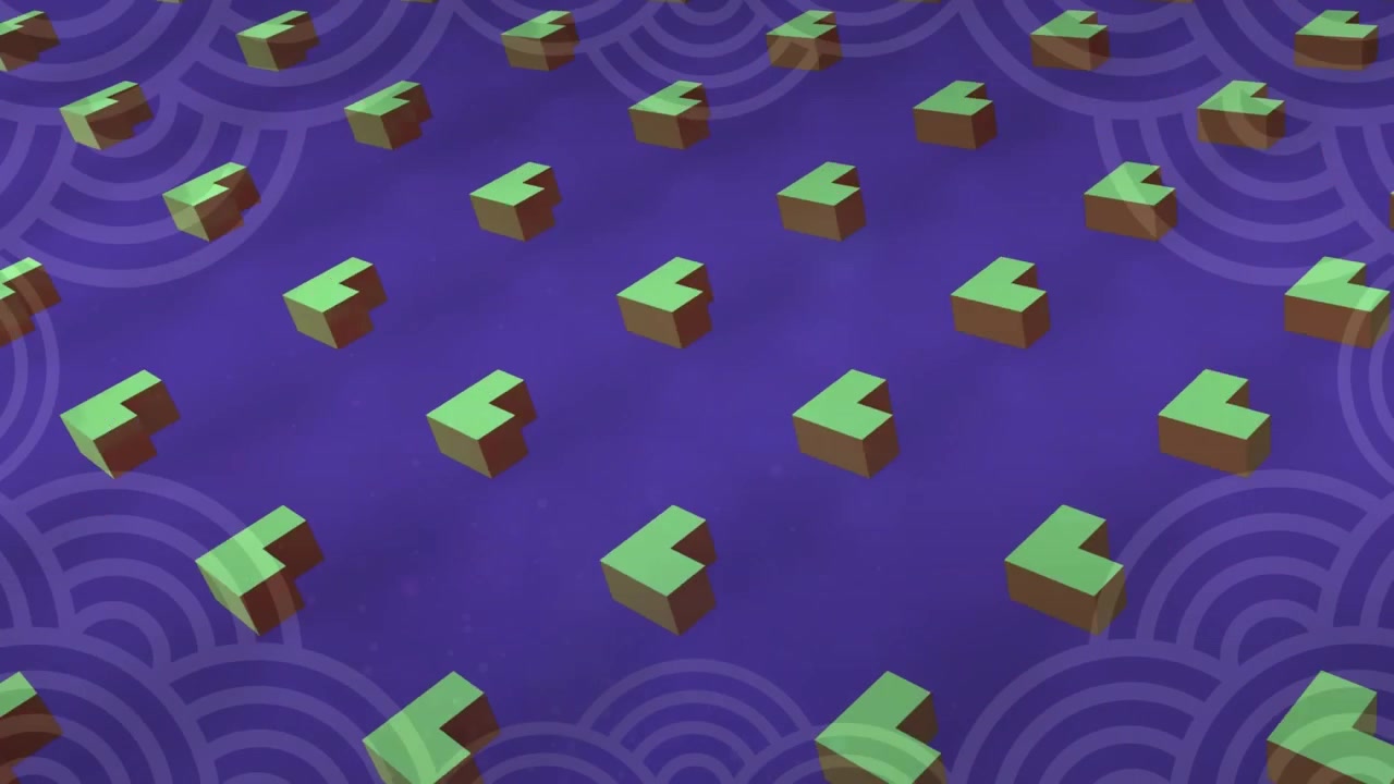 Dynamic Grid of Rotating 3D L-Shapes on a Purple Background