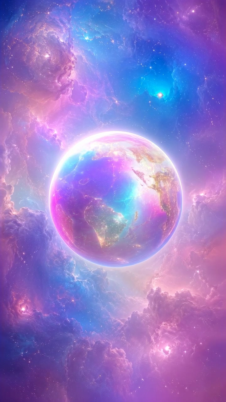 Colorful Earth turns gradually at center while illuminated landforms shift across its surface, surrounded by vivid nebula-like clouds, soft halo light, and sparkling stars.
