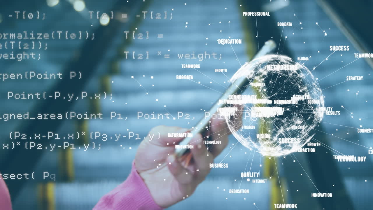 스마트폰을 사용하는 백인 여성에 대한 지구의 애니메이션과 데이터 처리