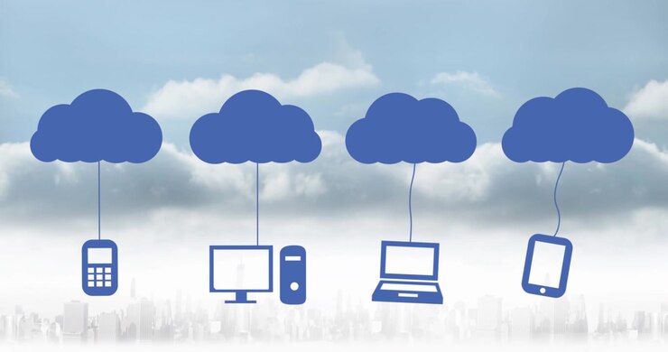 Animation of clouds with electronic devices over cityscape