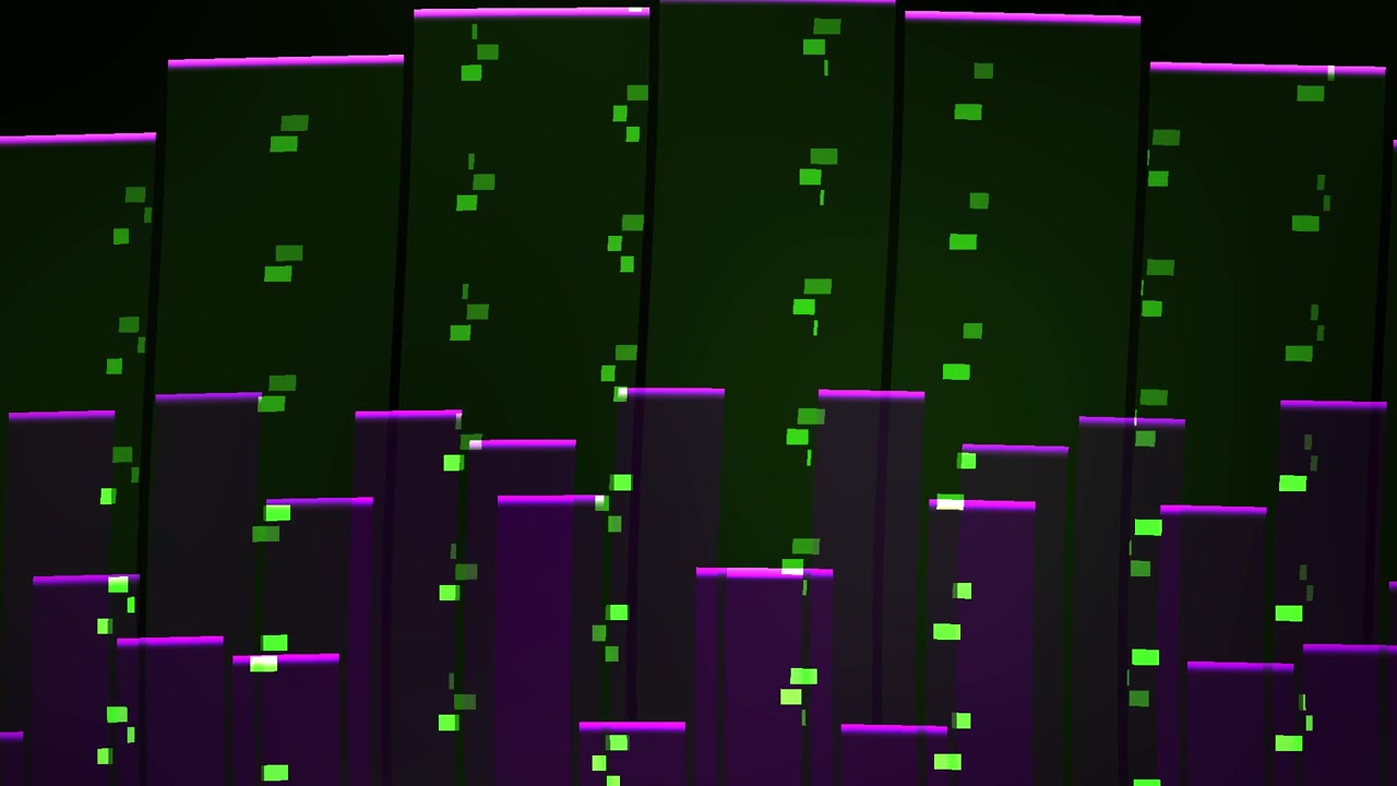 Paesaggio urbano digitale astratto con barre luminose viola e verdi