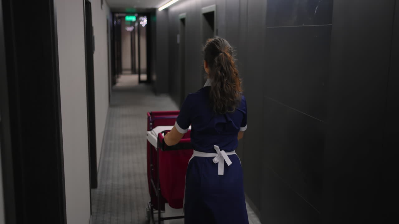 호텔 하녀가 복도에서 청소 카트를 밀고 있다