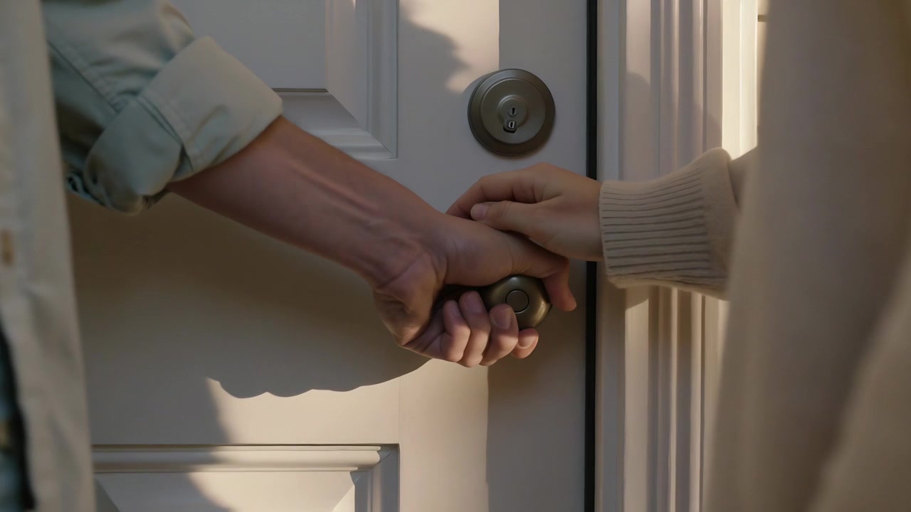 Coppia affettuosa con le maniche arrotolate che gira la maniglia aprendo la porta d'ingresso, con una luce calda che proietta un'ombra.