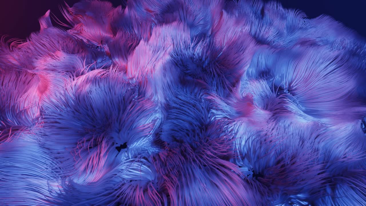 simulación de cabello. rizos vivos bajo el agua como pelaje o hilos multicolores, cabello. luces volumétricas. efectos de niebla y dof bokeh. fondo misterioso con líneas curvas vivas, primer plano. bg en bucle 4k