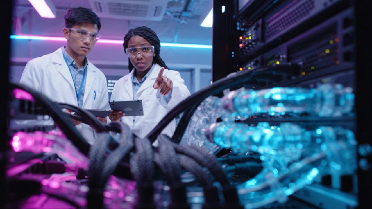 Technicians in Lab Analyzing Network Equipment and Cables, Focusing on Connectivity and Data Transmission in a Modern Laboratory Environment