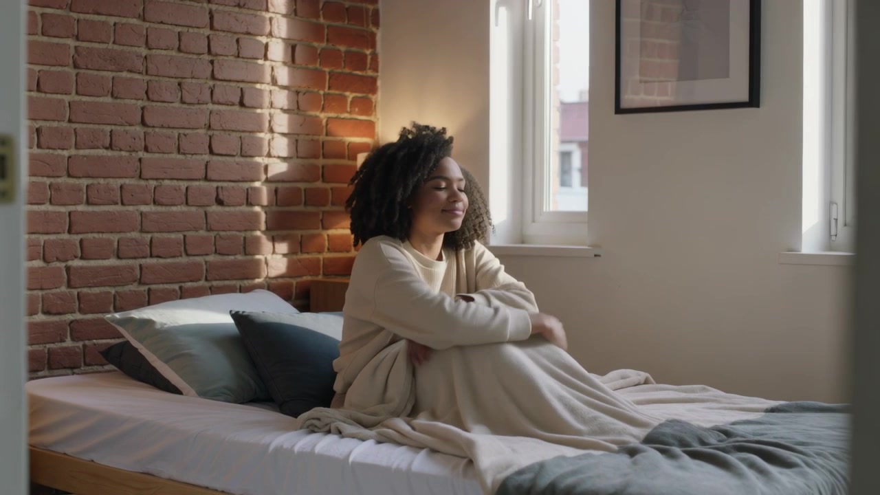 Waking African American woman pulling and tucking blanket on bed in bedroom, wearing light sweater