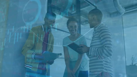 financial data processing animation over diverse business people discussing in office