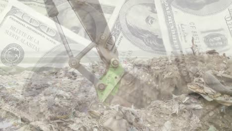 billetes de dólares estadounidenses sobre excavador en el sitio de eliminación de basura