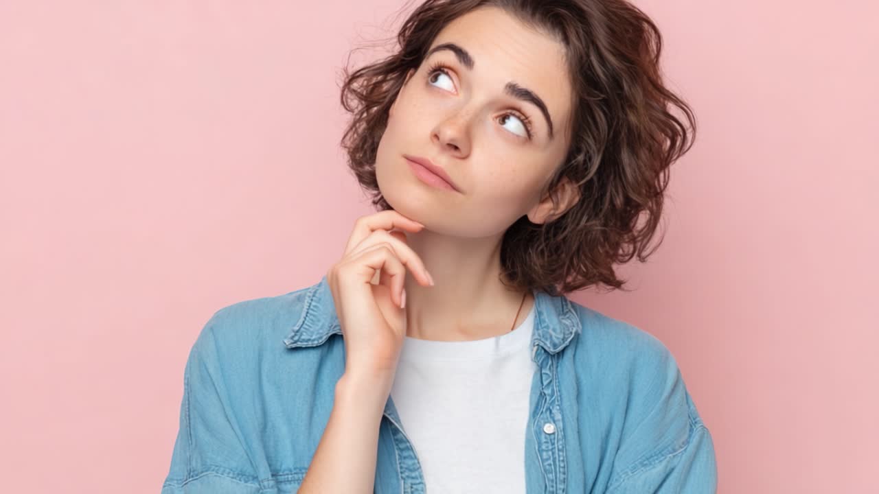 A thoughtful individual pondering decisions while showcasing a range of expressions against a soft pink background, conveying curiosity and introspection in a casual setting