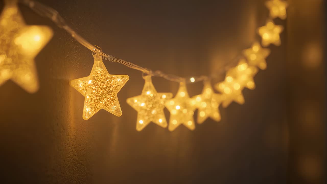 Powering string causing glittered star emitting warm amber glow on wall in room, creating cozy glow