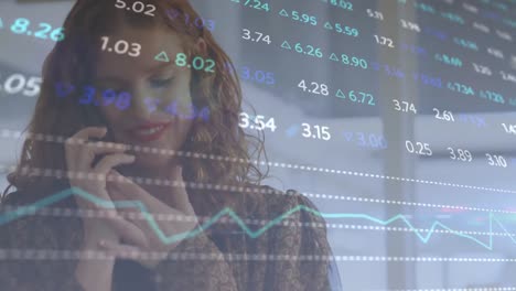 animation of financial data processing over businesswoman using smartphone