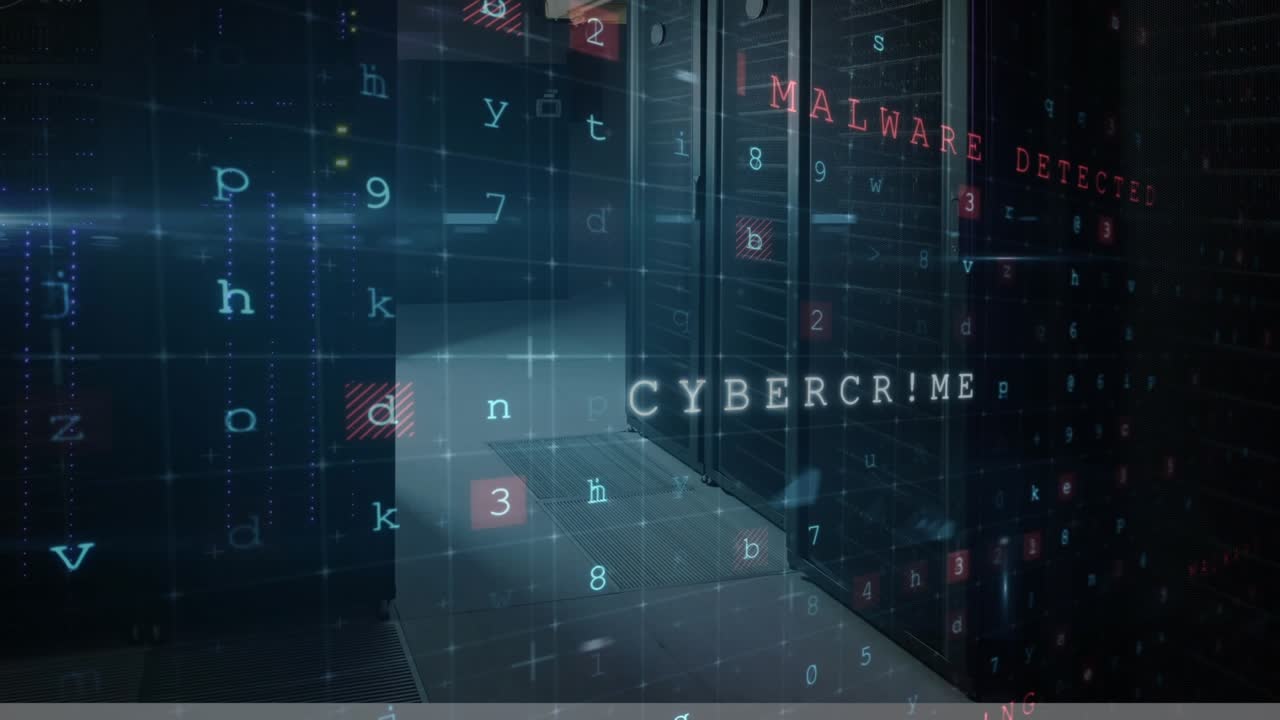 Animation of data processing and hacking texts over server room