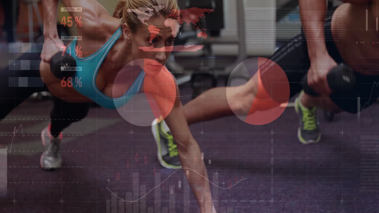 Exercising in gym, people with fitness data visualization animation displayed