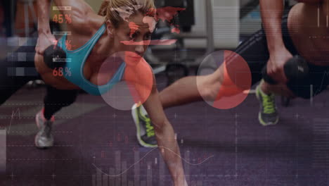 exercising in gym, people with fitness data visualization animation displayed