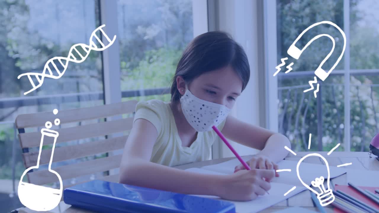 학교 아이콘의 애니메이션 초점을 맞춘 백인 소녀가 얼굴 마스크를 쓰고 숙제를 하고 있습니다.