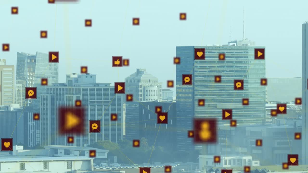 Animação de rede de ícones digitais sobrevoando uma paisagem urbana