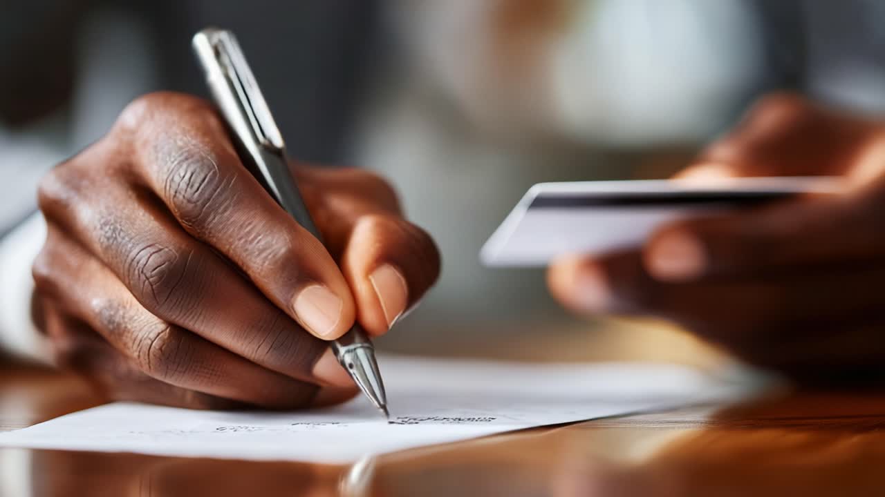 A Close-Up Image of a Person Writing on Paper with a Pen While Holding a Credit Card in Their Other Hand, Focusing on the Act of Financial Transaction or Documentation