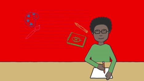 animación de un escolar tomando notas sobre los íconos de los artículos escolares en fondo rojo