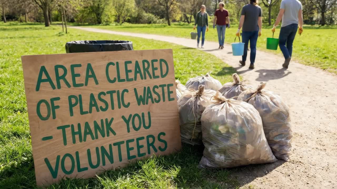 Sign Thanking Volunteers for Clearing Plastic Waste in Park