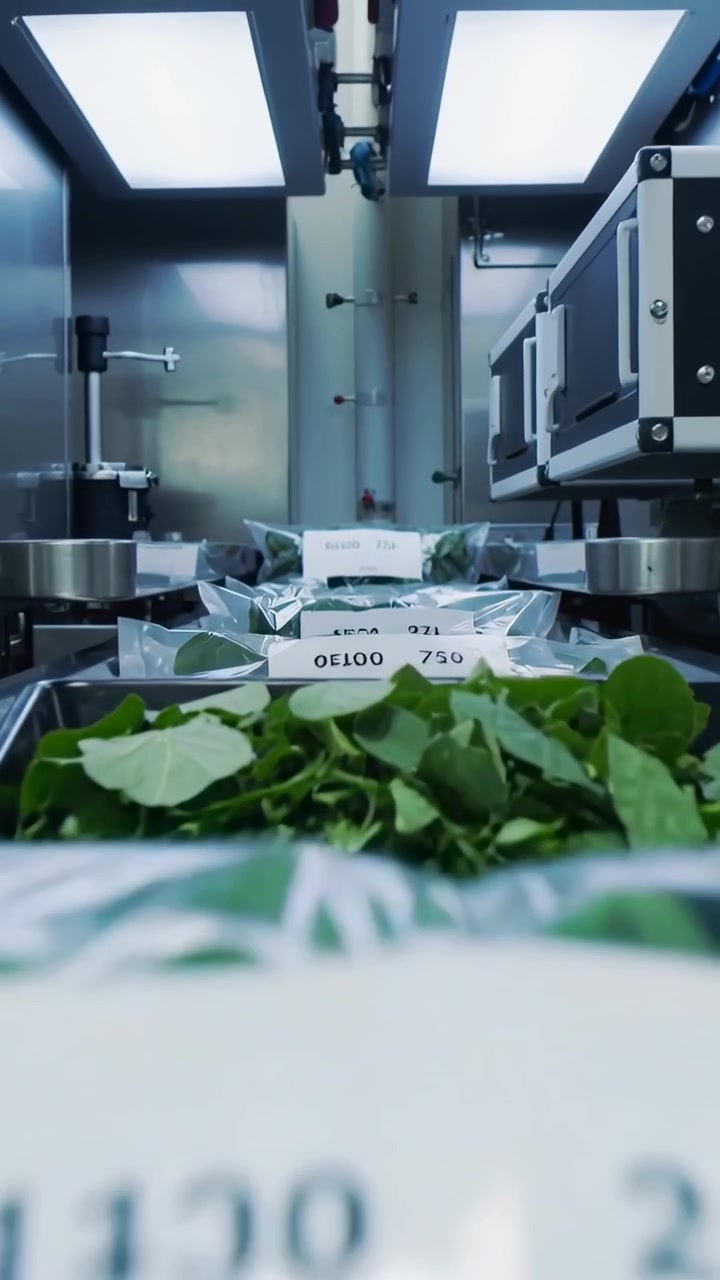 Vertical video: Starting conveyor pushing clear bags with greens under sensors for numeric labels