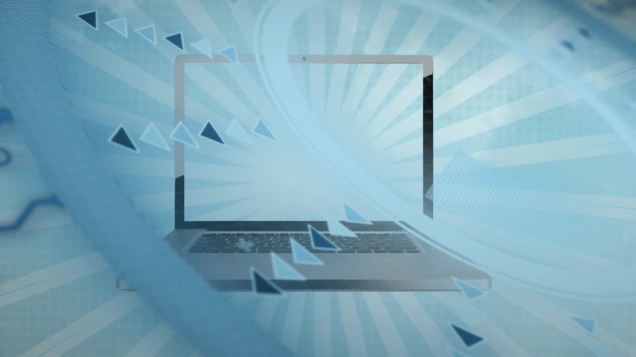 파란색 배경에 스 ⁇  스캐닝과 노트북의 애니메이션