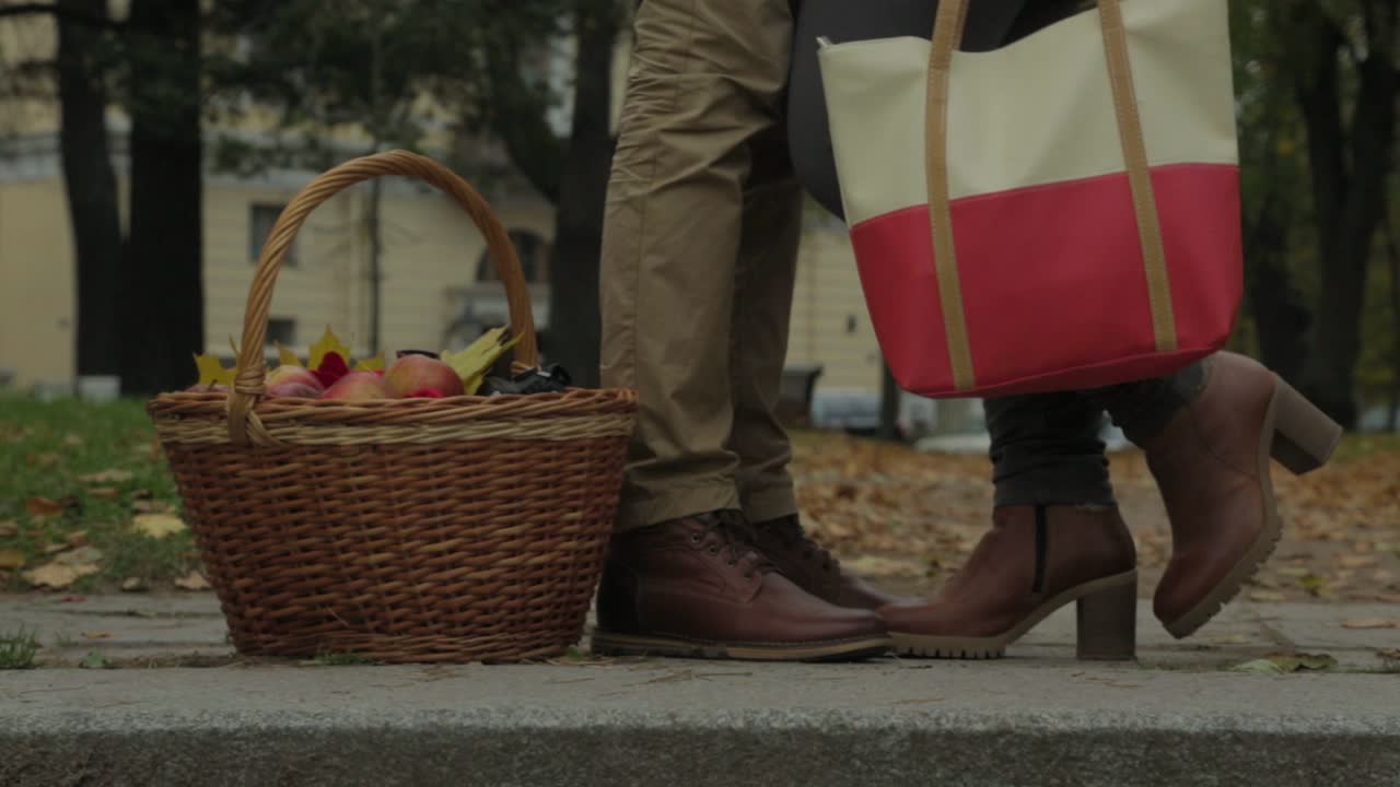pareja besándose en el parque de otoño