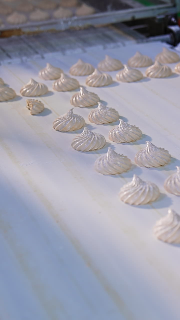 Creamy marshmallows move along the white conveyor belt. Confectionery workers stand by the conveyor. Close up. Vertical video