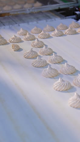 creamy marshmallows move along the white conveyor belt. confectionery workers stand by the conveyor. close up. vertical video
