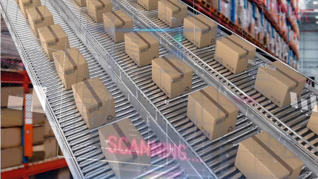 animación del procesamiento de estadísticas sobre cintas transportadoras con cajas