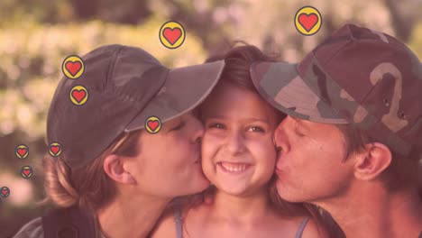 Animation-of-hearts-over-happy-caucasian-soldier-parents-and-their-daughter