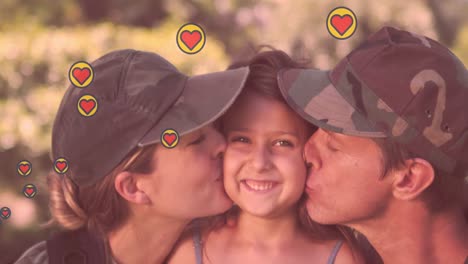 animación de los corazones sobre felices padres soldados caucásicos y su hija