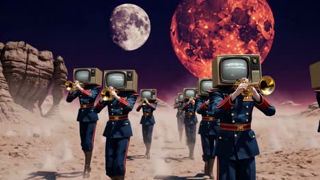 retro tv cabezas banda de marcha en el planeta alienígena